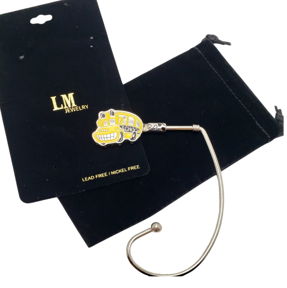 Table Hook Purse Holder Silvertone Yellow Bus School Teacher
